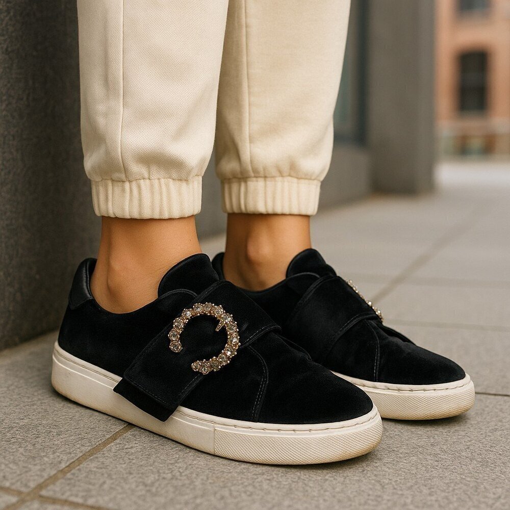 Tory Burch Greer Fashion Sneaker Rhinestone Buckle Satin Leather Black Women's 7